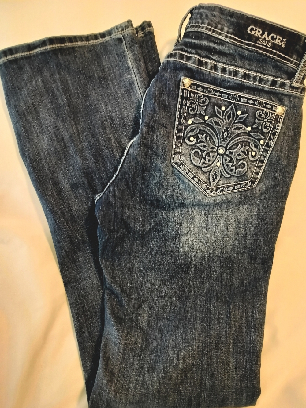 Grace In LA Women's 28 Dark Blue Embroidered Pocket Jeans